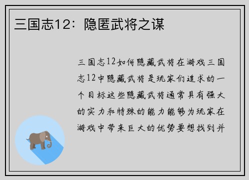 三国志12：隐匿武将之谋